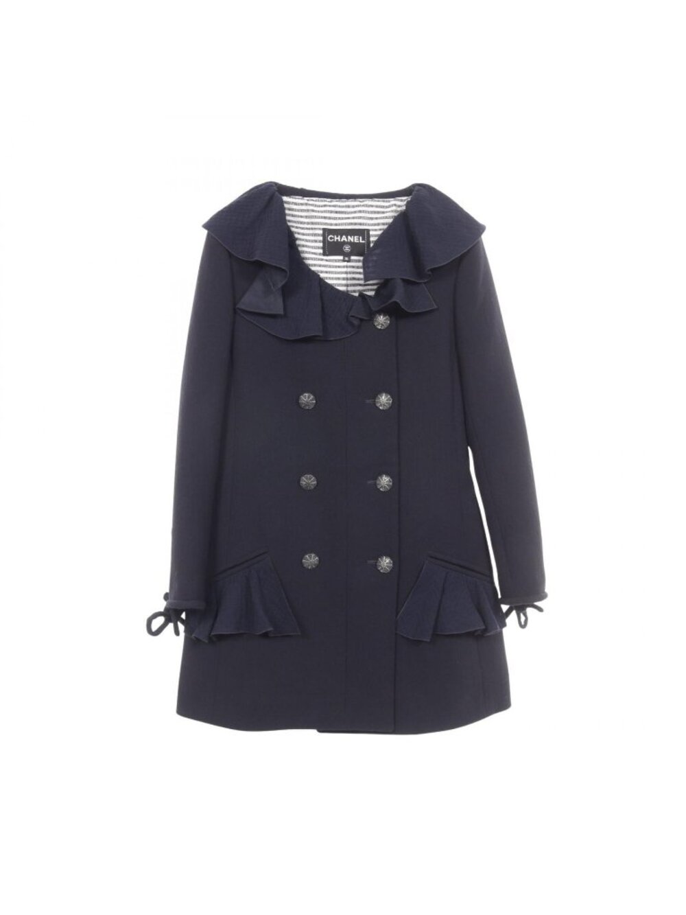 Chanel CC Logo Button Double Breasted Ruffle Wool Coat